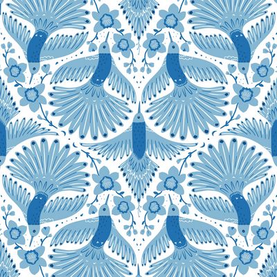 Sapphire Skies- Hummingbirds on White: Sold by the 1/2 yard