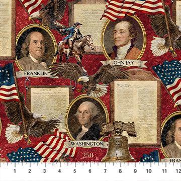 America 250 Stonehenge- Red Multi Founding Fathers: Sold By The 1/2 Yard