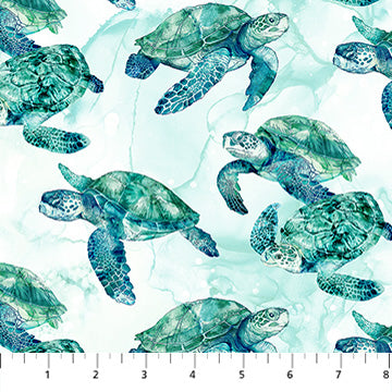 Coral Reef- White Multi Turtles: Sold by the 1/2 yard