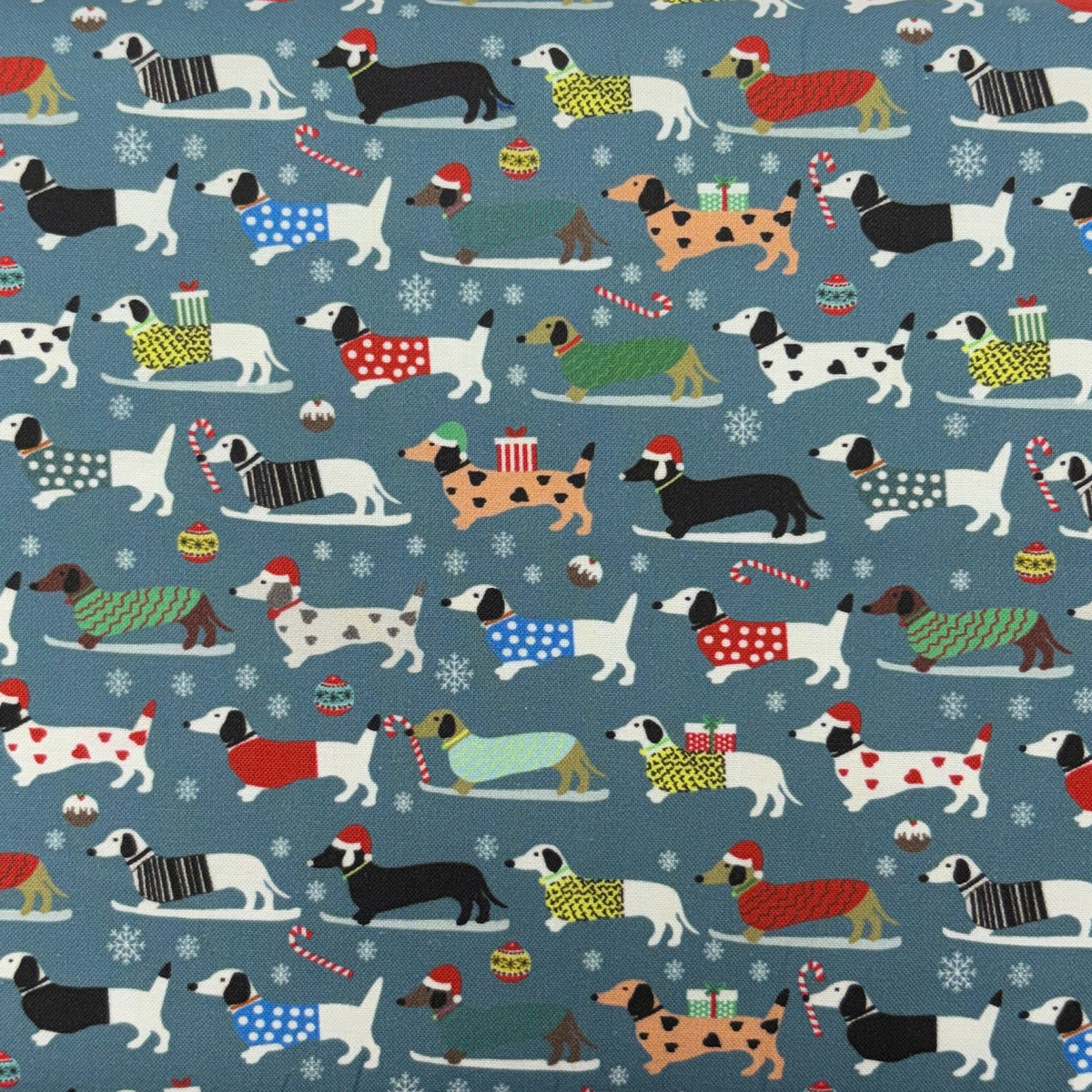 Dachshund Christmas- Stone Blue: Sold by the 1/2 yard