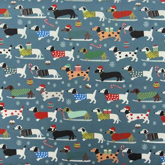 Dachshund Christmas- Stone Blue: Sold by the 1/2 yard