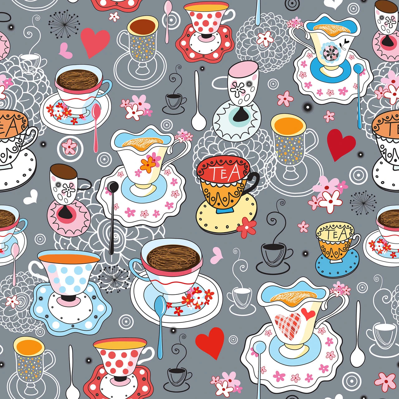 Alice- Multi Teacups: Sold by the 1/2 yard
