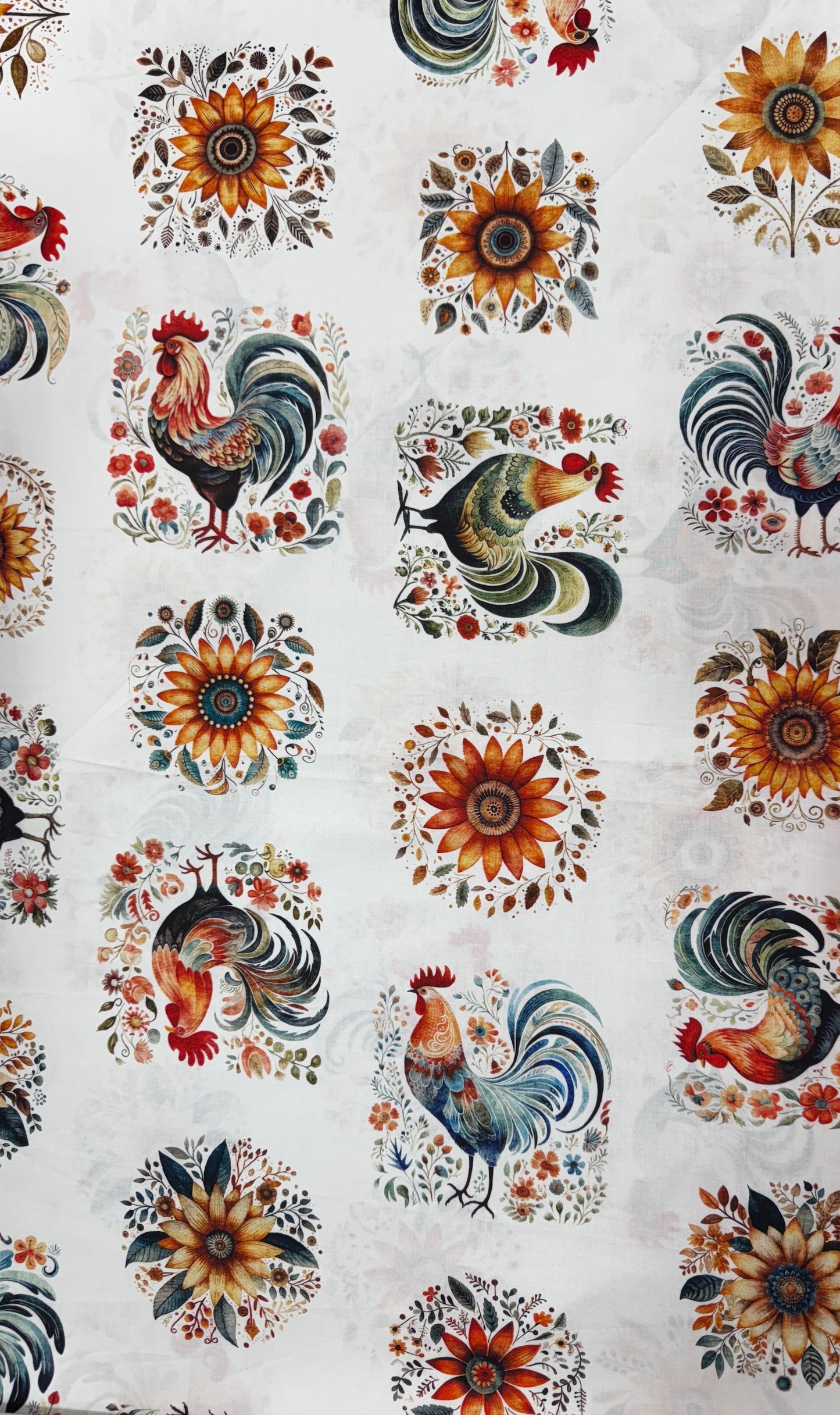 Poultry in Motion- White Roosters and Sunflowers: Sold by the 1/2 yard.