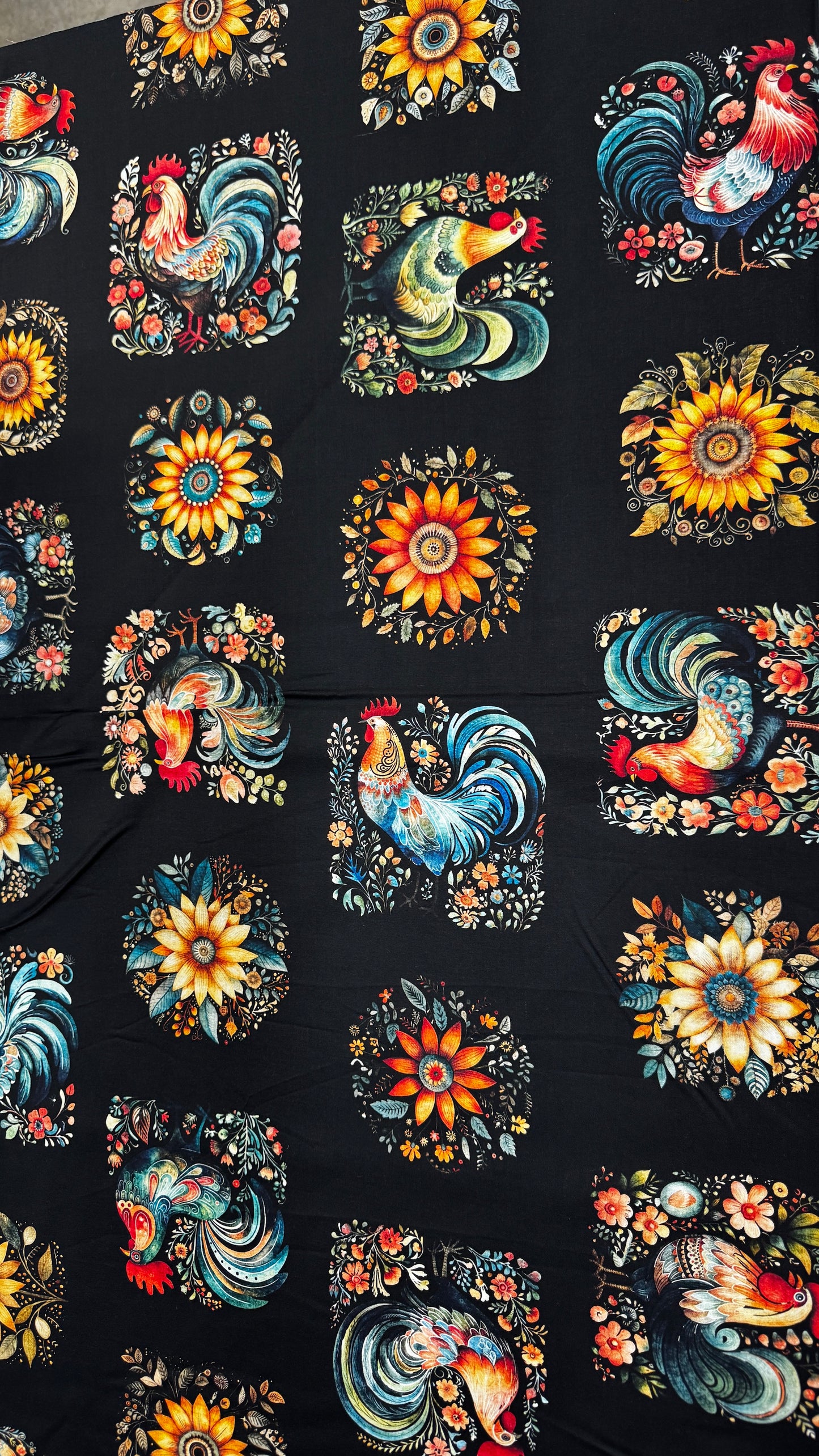 Poultry in Motion- Black Roosters and Sunflowers: Sold by the 1/2 yard.