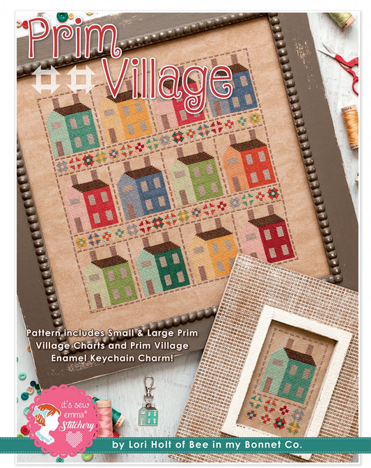 Prim Village Cross Stitch Pattern with Bonus Keychain Charm