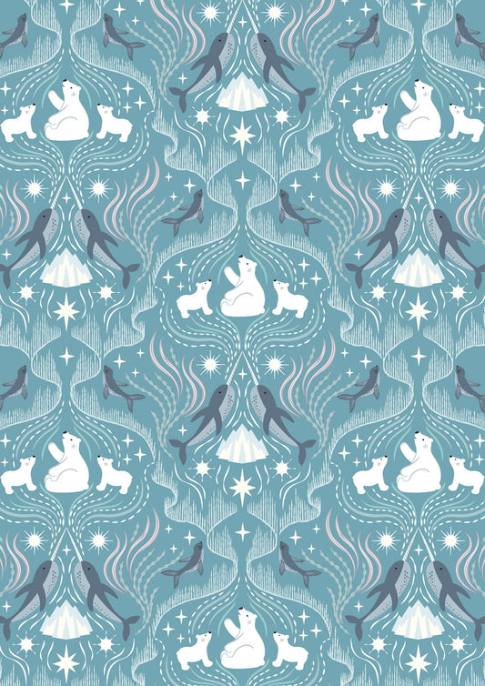 Where the Sky Dances- North Blue with Pearl, Northern Lights: Sold by the 1/2 yard