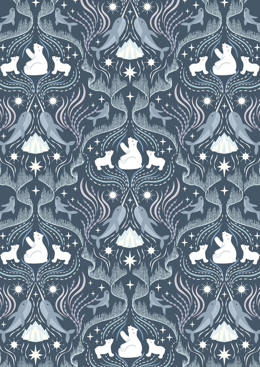 Where the Sky Dances- Dark Blue with Pearl, Northern Lights: Sold by the 1/2 yard