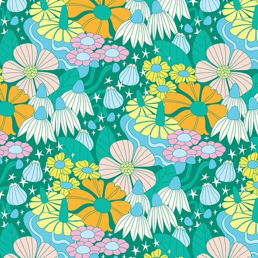 High in the Sky- Dark Green Floral Galaxy: Sold by the 1/2 Yard