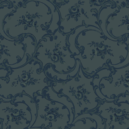 Dark & Stormy- Navy Scroll: Sold by the 1/2 yard