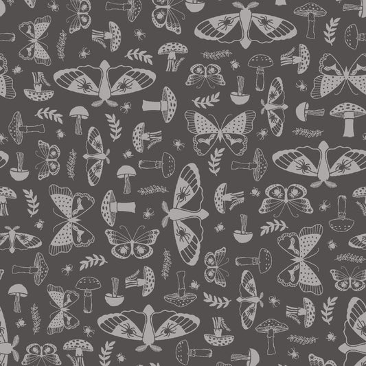 Goth Gardens- Gray Moths and Mushrooms: Sold by the 1/2 yard