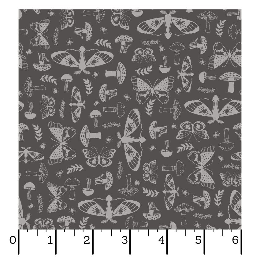 Goth Gardens- Gray Moths and Mushrooms: Sold by the 1/2 yard
