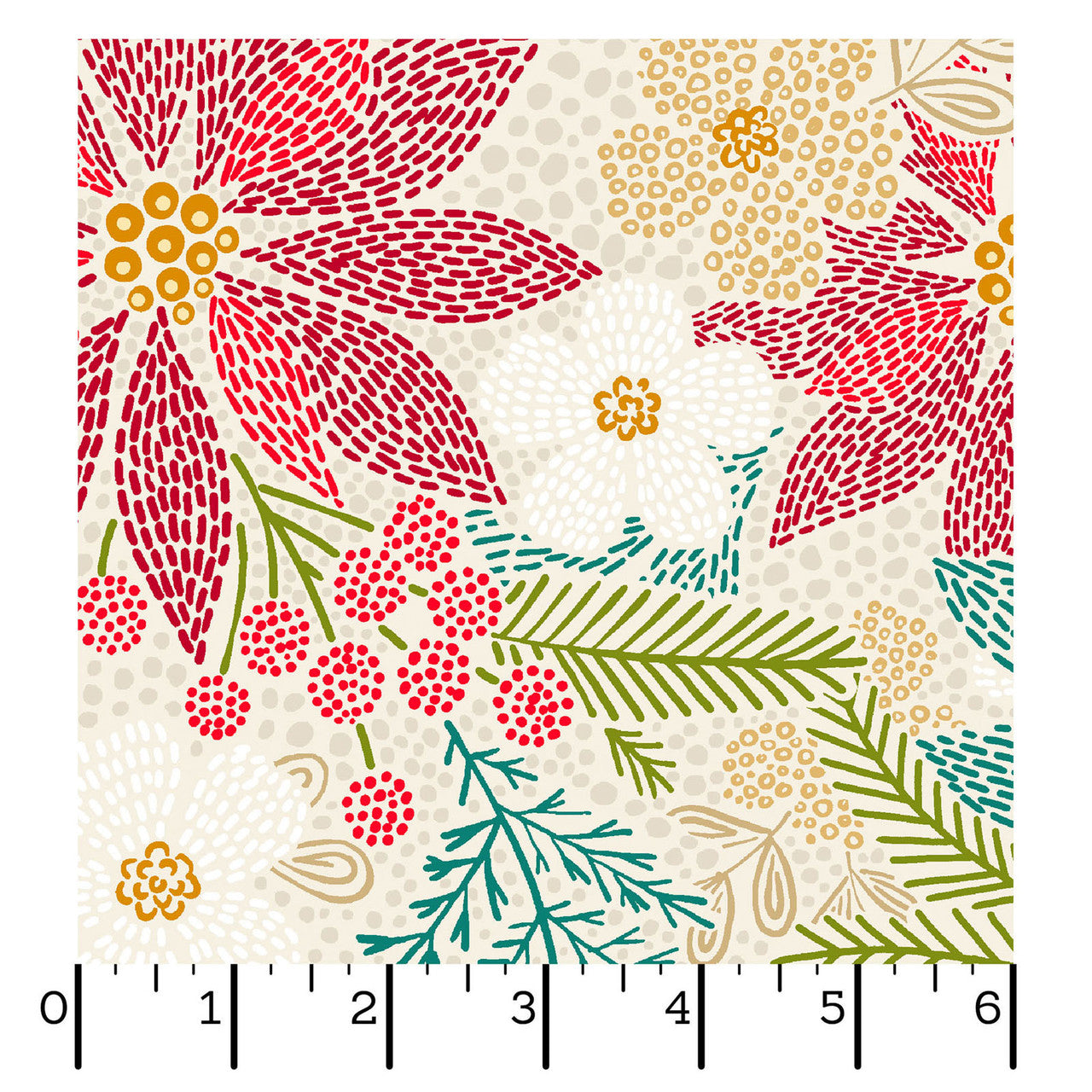 Holiday Stitches- Cream Stitched Christmas Floral: Sold by the 1/2 yard