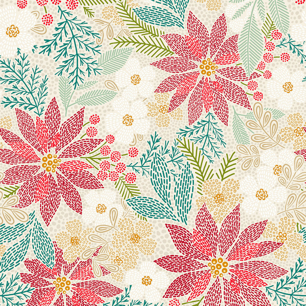 Holiday Stitches- Cream Stitched Christmas Floral: Sold by the 1/2 yard