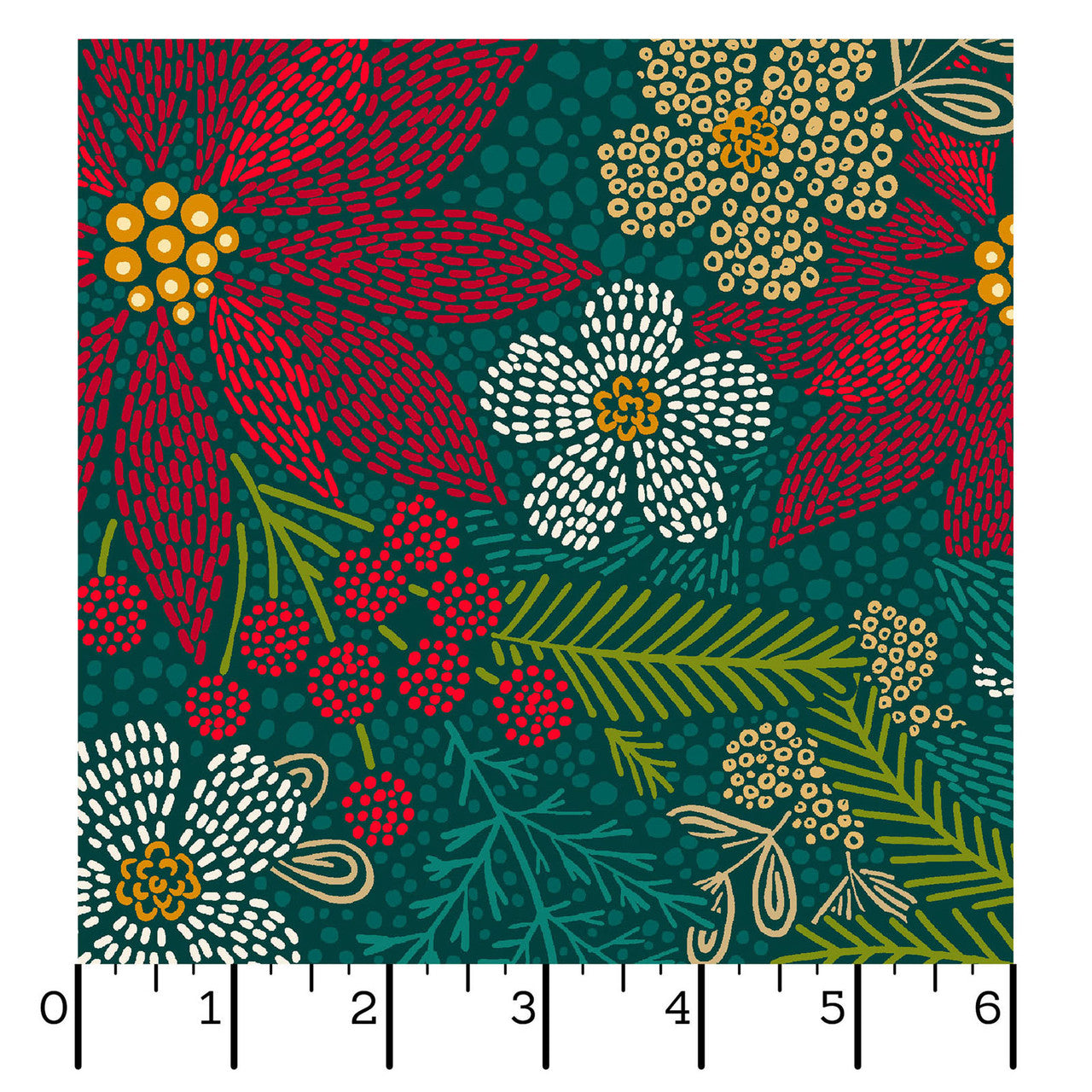 Holiday Stitches- Deep Green Stitched Christmas Floral: Sold by the 1/2 yard