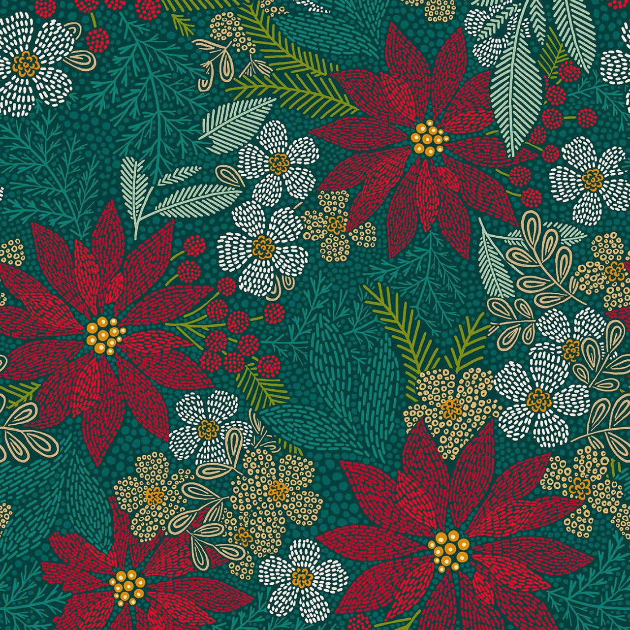 Holiday Stitches- Deep Green Stitched Christmas Floral: Sold by the 1/2 yard