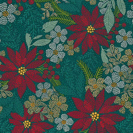 Holiday Stitches- Deep Green Stitched Christmas Floral: Sold by the 1/2 yard