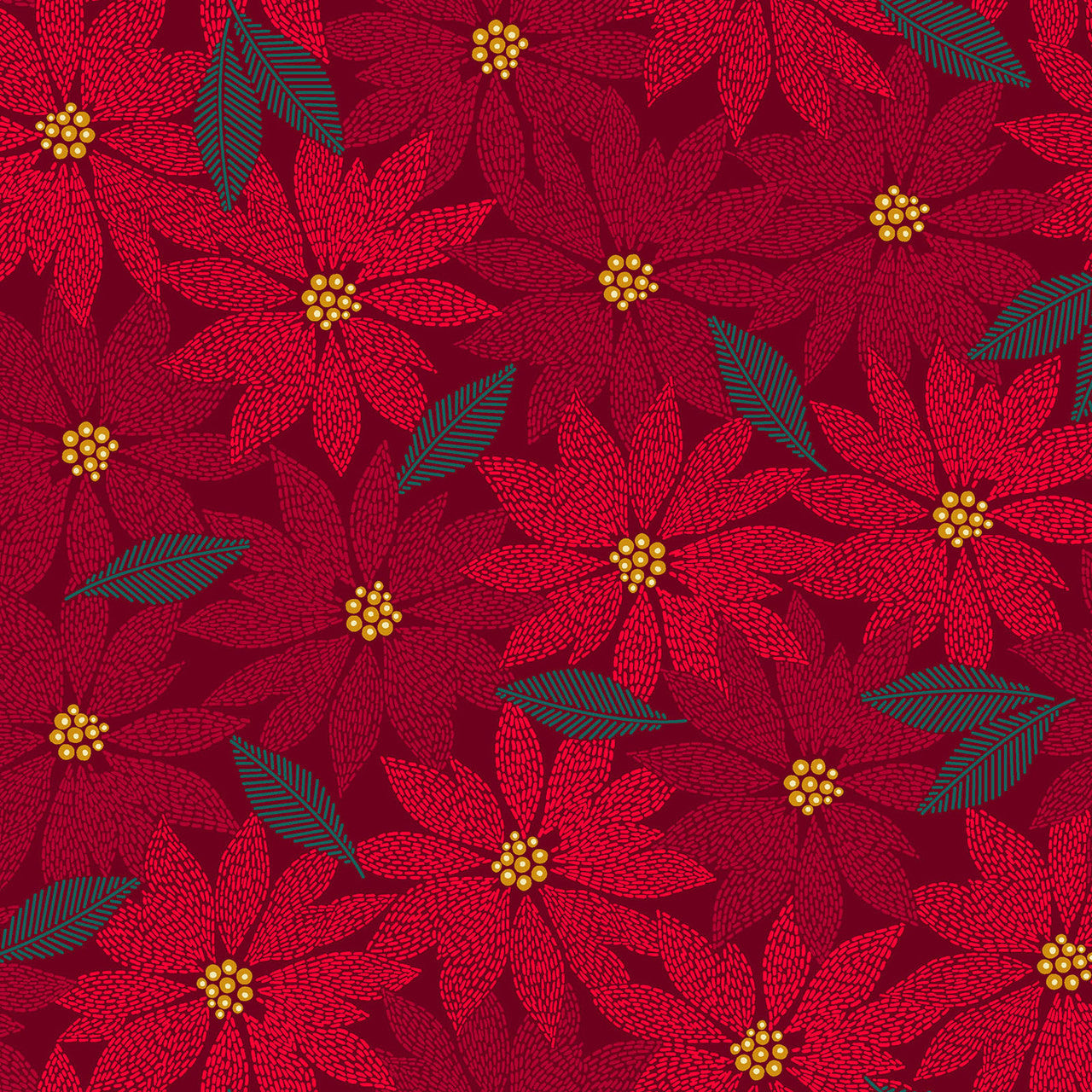 Holiday Stitches- Red Stitched Poinsettia: Sold by the 1/2 yard