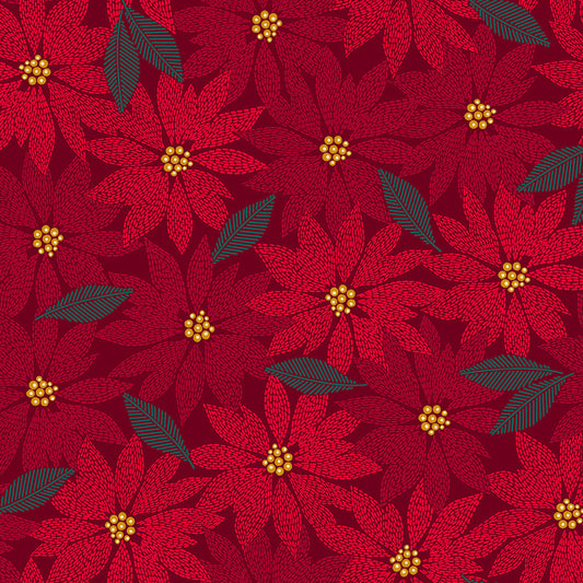 Holiday Stitches- Red Stitched Poinsettia: Sold by the 1/2 yard