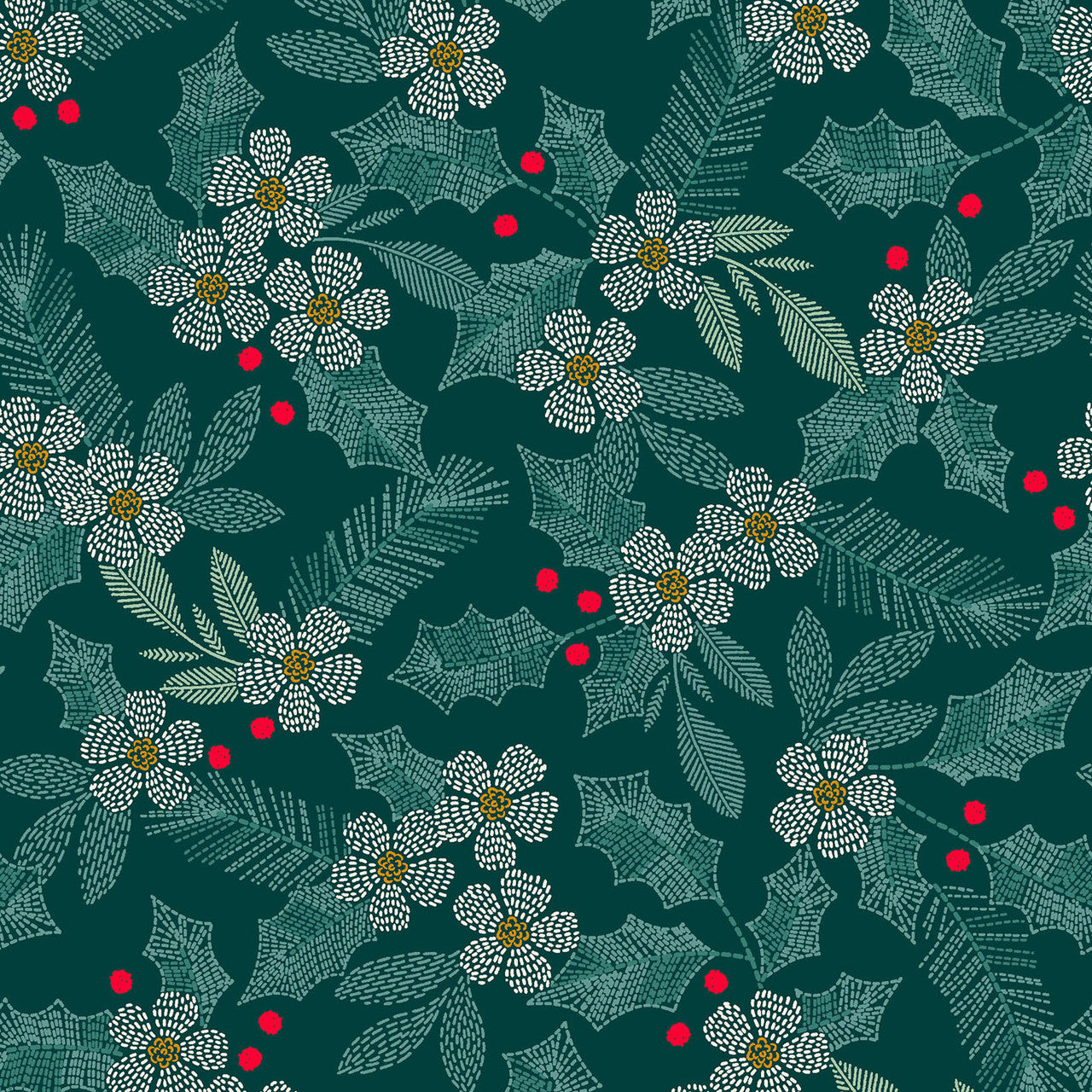 Holiday Stitches- Deep Green Stitched Holly: Sold by the 1/2 yard