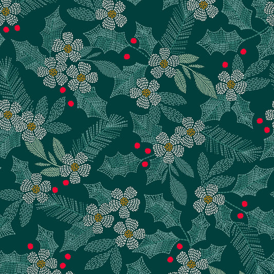 Holiday Stitches- Deep Green Stitched Holly: Sold by the 1/2 yard