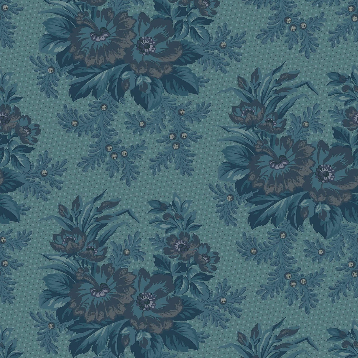 Midnight Bloom- Teal Blue Large Floral Clusters: Sold by the 1/2 yard