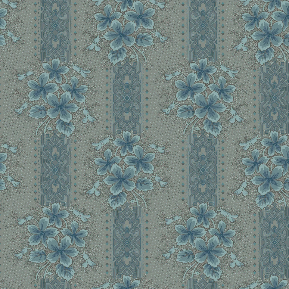 Midnight Bloom- Tan/Aqua Floral Stripe: Sold by the 1/2 yard
