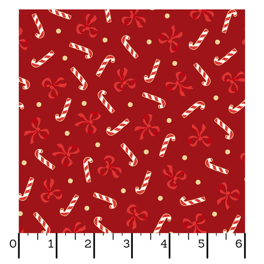 Merry Mix- Metallic Red Candy Canes & Bows: Sold by the 1/2 yard