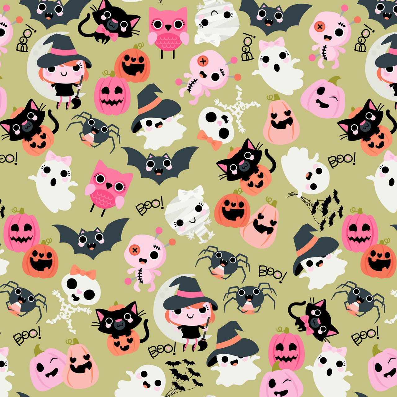 Not Scary- Green Boos with Bows: Sold by the 1/2 yard