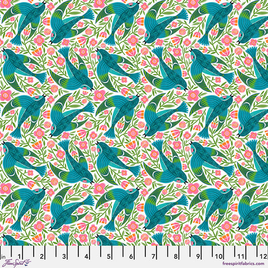 What the Birds Said- White Blue Birdy: Sold by the 1/2 yard