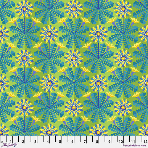 Flower Dance- Turquoise Gazania: Sold by the 1/2 yard PREORDER