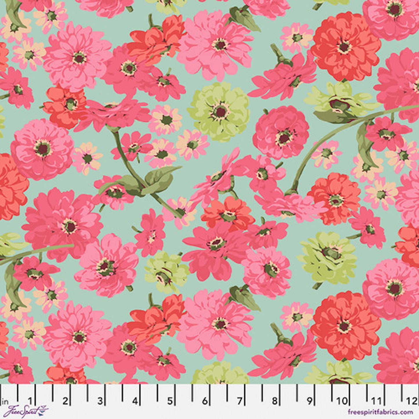 Garden- Aqua Zinnia Toss: Sold by the 1/2 yard.