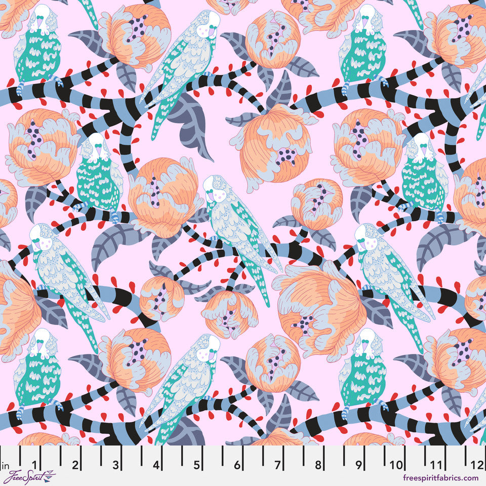 Blostma & Song- Turquoise Budgie Breath: Sold by the 1/2 Yard