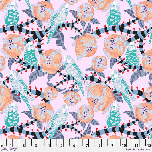 Blostma & Song- Turquoise Budgie Breath: Sold by the 1/2 Yard