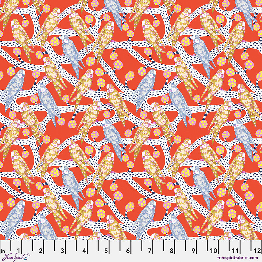 Blostma & Song- Vermillion Budgie Melody: Sold by the 1/2 Yard