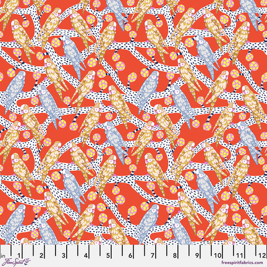 Blostma & Song- Vermillion Budgie Melody: Sold by the 1/2 Yard