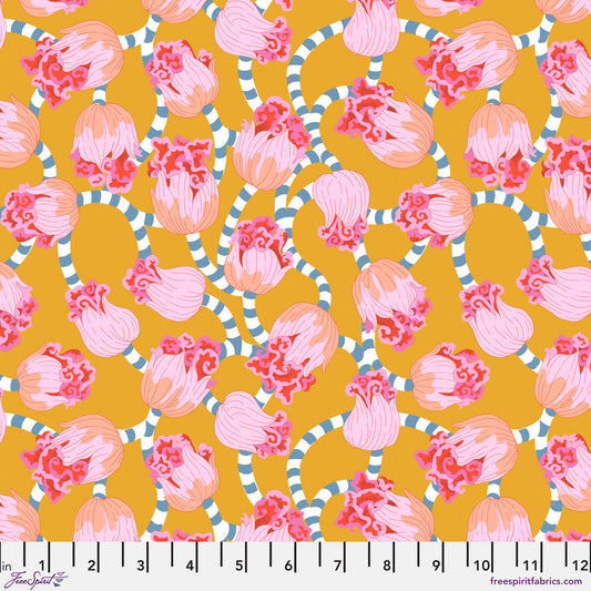 Blostma & Song- Mustard Dancing Swirl: Sold by the 1/2 Yard