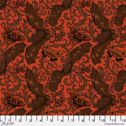 Mystic Moonlight- Orange Bat & Moth: Sold by the 1/2 yard.