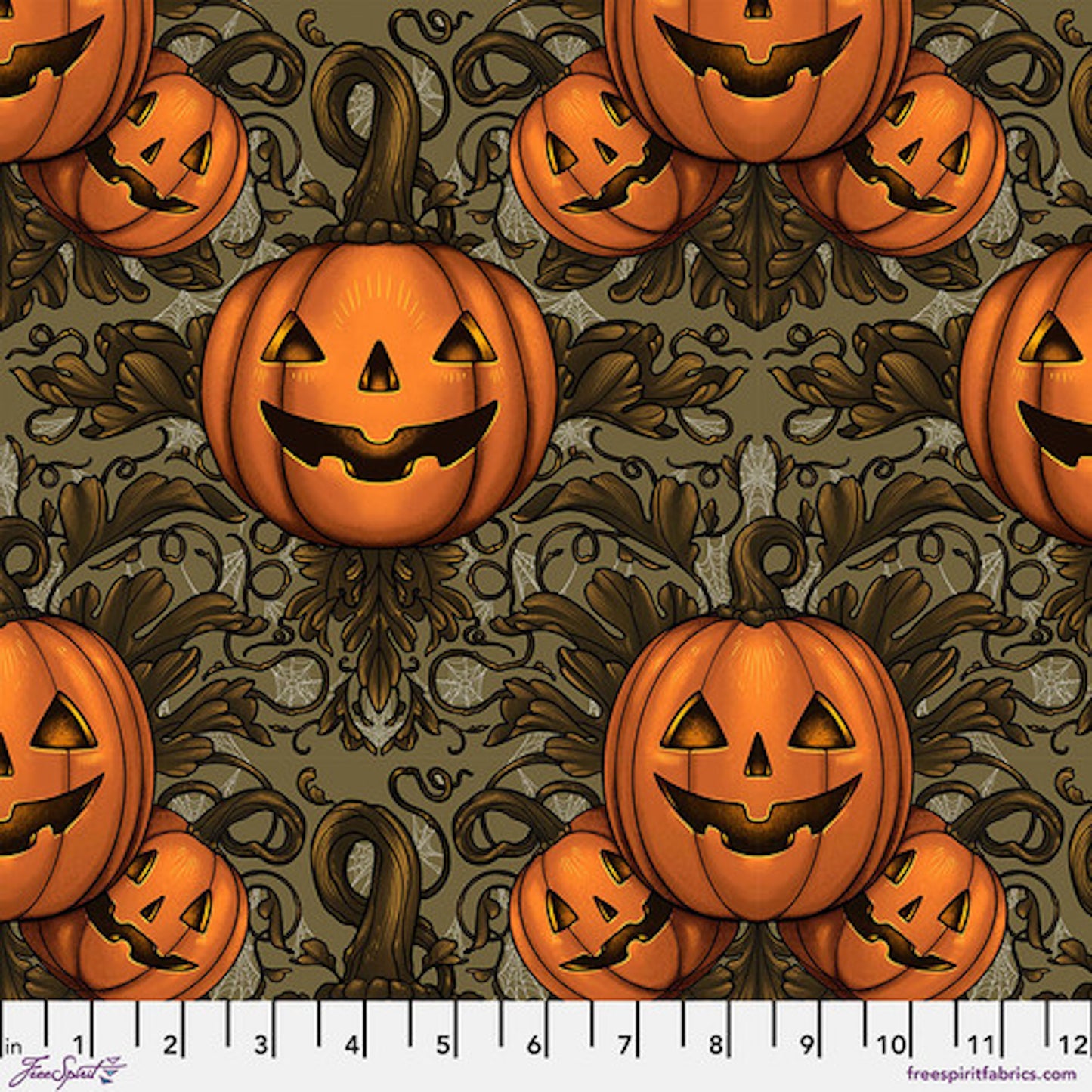 Mystic Moonlight- Olive Pumpkin Damask: Sold by the 1/2 yard.