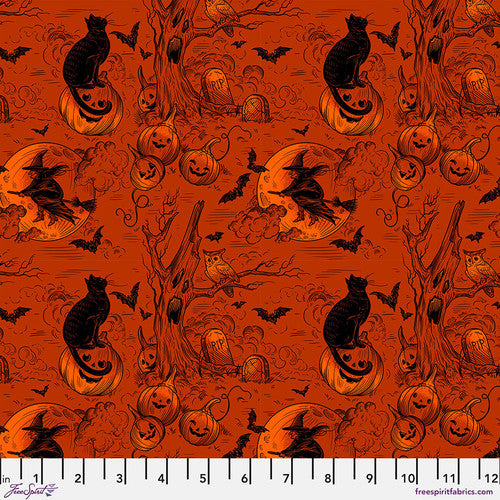 Costumes & Cobwebs- Orange Haunted Toile: Sold by the 1/2 yard.