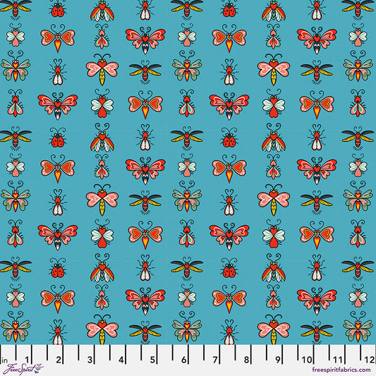 Love Letters- Teal Love Bugs: Sold by the 1/2 yard.