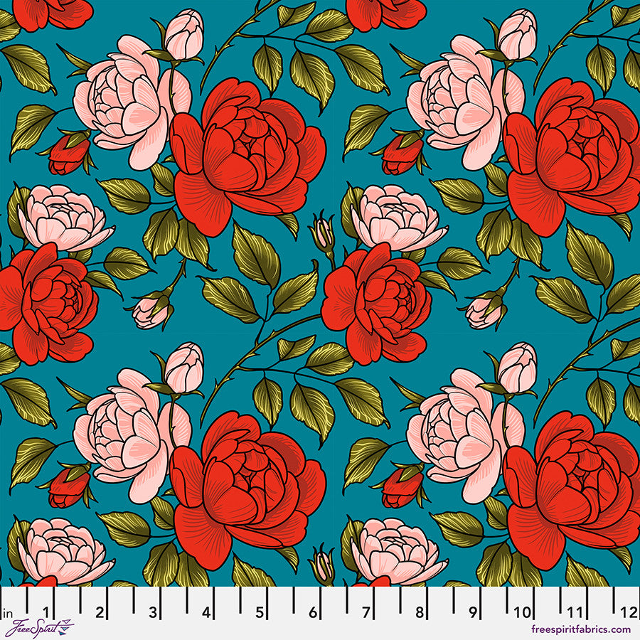Love Letters- Teal Roses are Falling: Sold by the 1/2 yard.