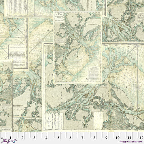 Tim Holtz Palette Program- Teal Map: Sold by the 1/2 yard