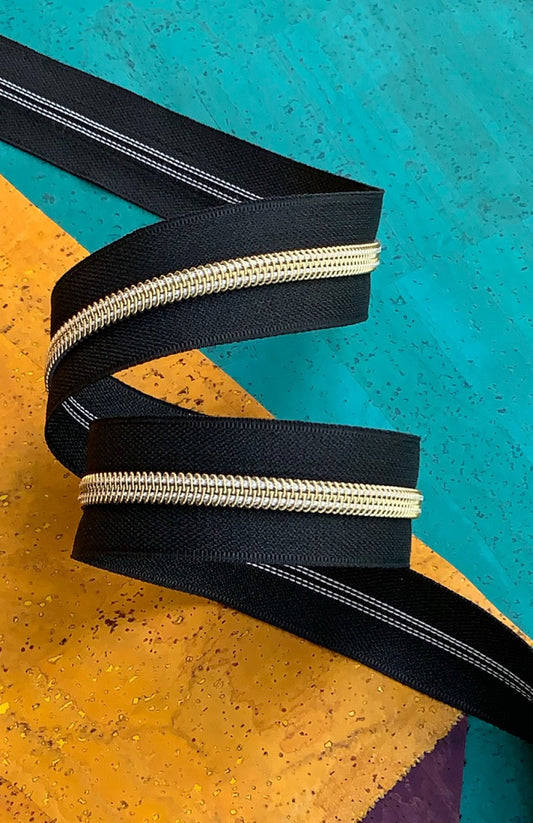 Black Zipper Tape- Gold Teeth: 3 Yards