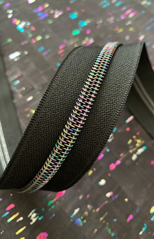 Black Zipper Tape- Iridescent Teeth: 3 Yards