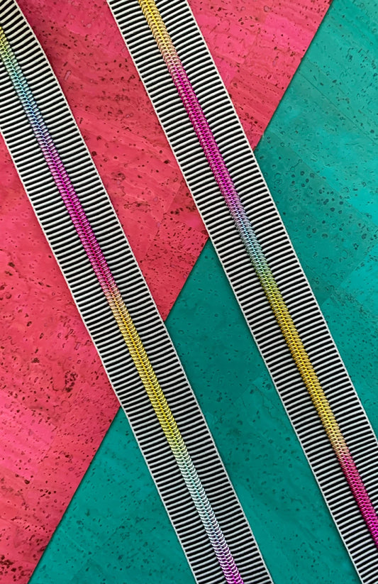 Zipper Tape- Black Stripe with Rainbow Teeth, 3 yards