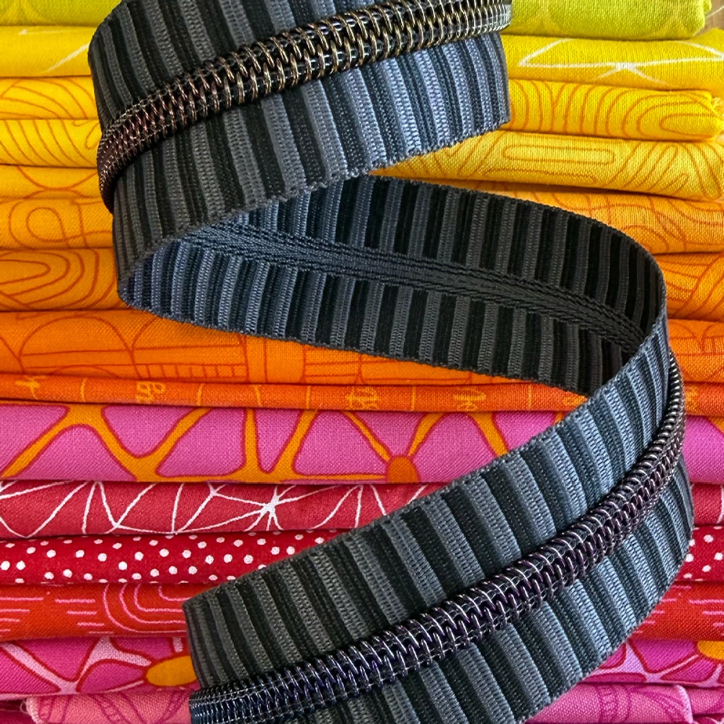 Wide Black and Grey Zipper Tape- Rainbow Teeth: 3 Yards