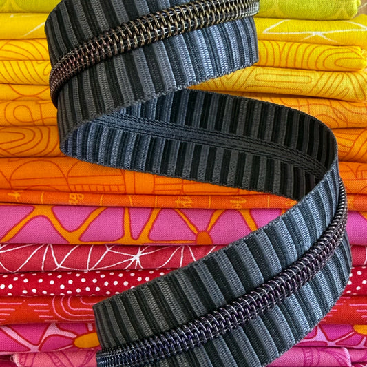 Wide Black and Grey Zipper Tape- Rainbow Teeth: 3 Yards