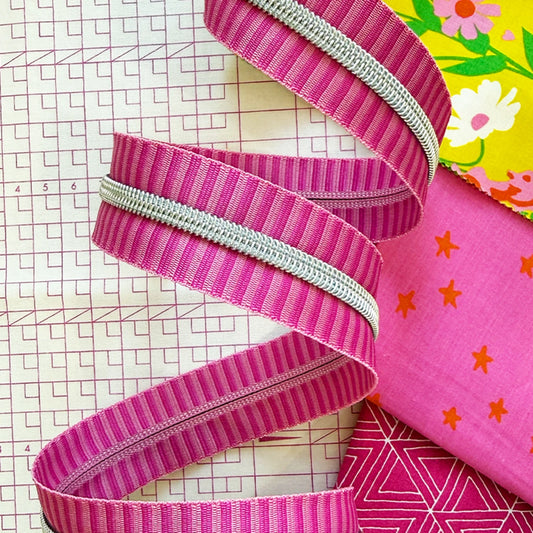 Wide Pink Zipper Tape- Nickel Teeth: 3 Yards