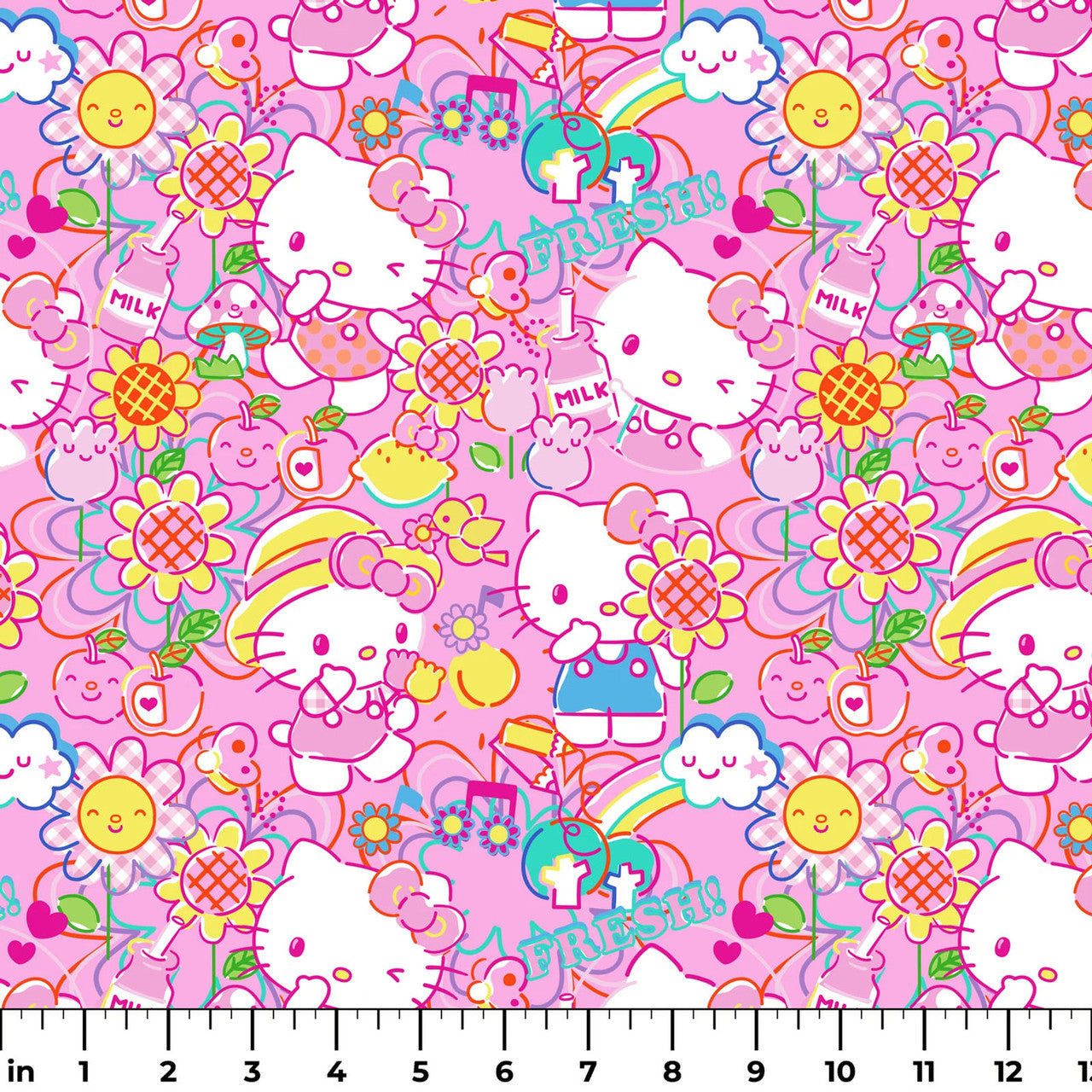 Hello Kitty- Pink Garden Doodle: Sold by the 1/2 yard