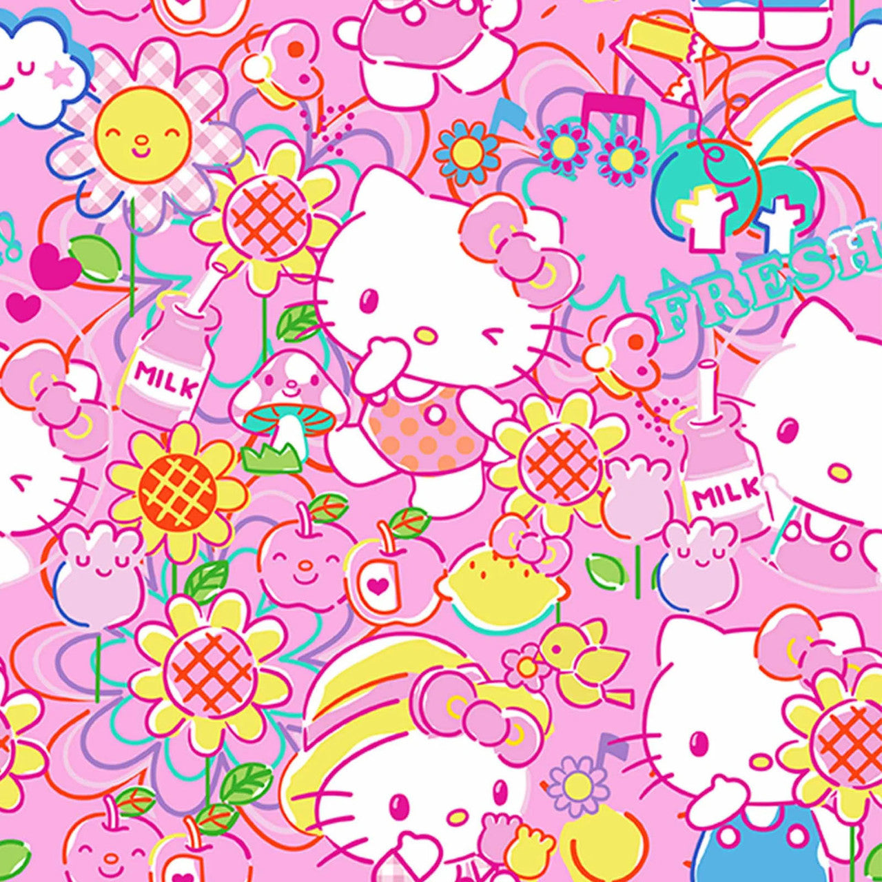 Hello Kitty- Pink Garden Doodle: Sold by the 1/2 yard